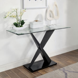 Contemporary Glass Top Sofa Table – Black Steel X-Base Design