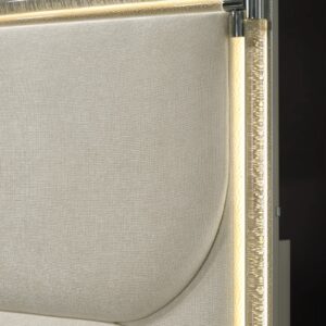 Verdal Contemporary LED Panel Queen Bed – Silver Upholstered with Storage & Mirror Accents