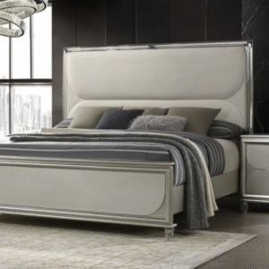 Verdal Contemporary LED Panel Queen Bed – Silver Upholstered with Storage & Mirror Accents