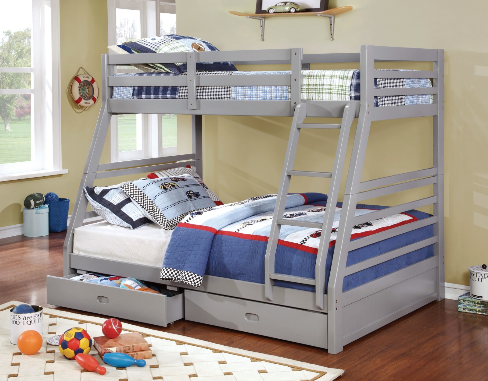 **Oversize** Twin/Full Bunk Bed w/ 2 Drawers, Rail, Ladder, Slats