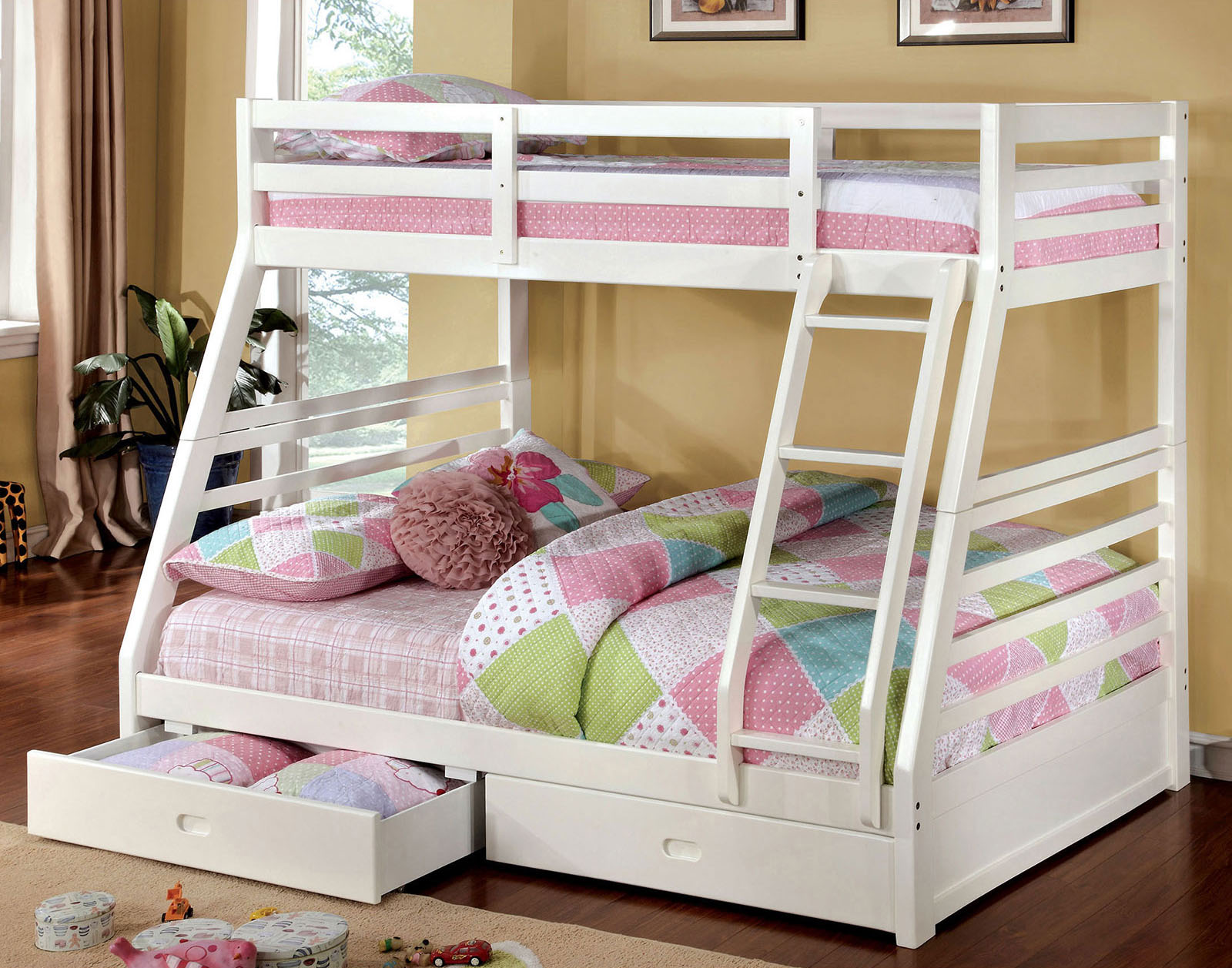 Twin/Full Bunk Bed w/ 2 Drawers, White Finish