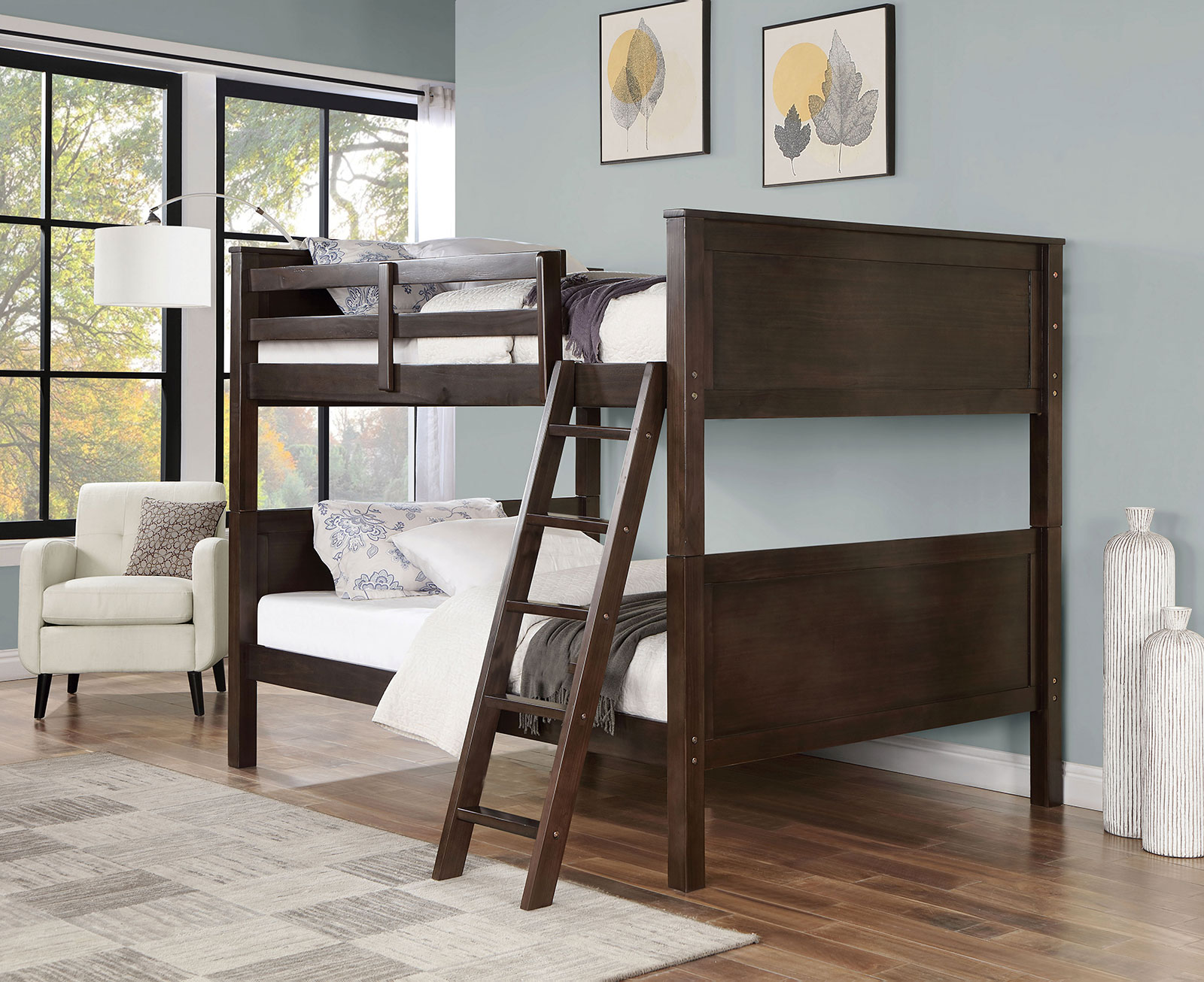 Twin/Twin (Twin/Full) Bunk Bed - Rails, Ladder, Guardrail, Walnut