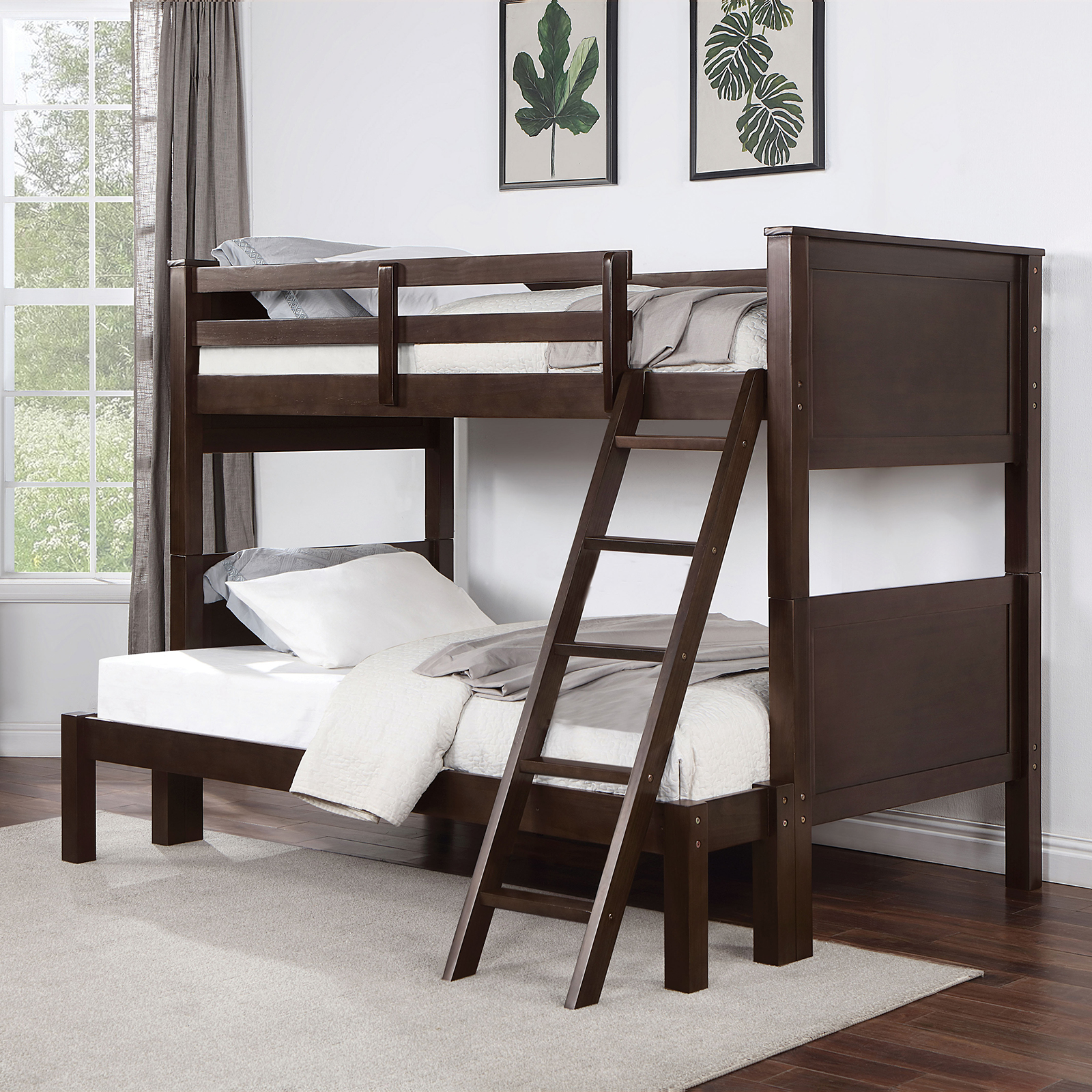 Twin/Full Bunk Bed-28 Pc Slats, Bottom Bed Legs, Center Support, 2 Pc Support, Walnut