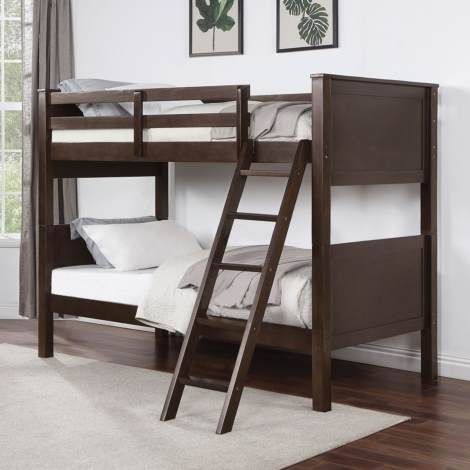 Twin/Twin (Twin/Full) Bunk Bed - Rails, Ladder, Guardrail, Walnut