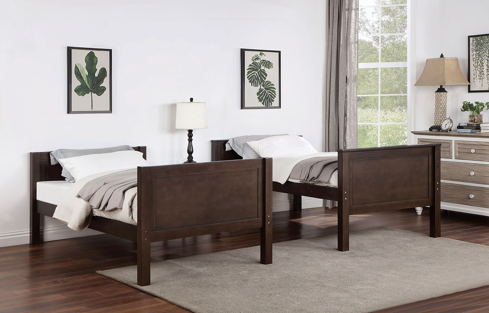 Twin/Twin (Twin/Full) Bunk Bed - Rails, Ladder, Guardrail, Walnut