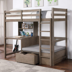 Twin/Workstation Loft Bed-HB, FB, Drawer w/ 4 Pc Wheels, Warm Gray