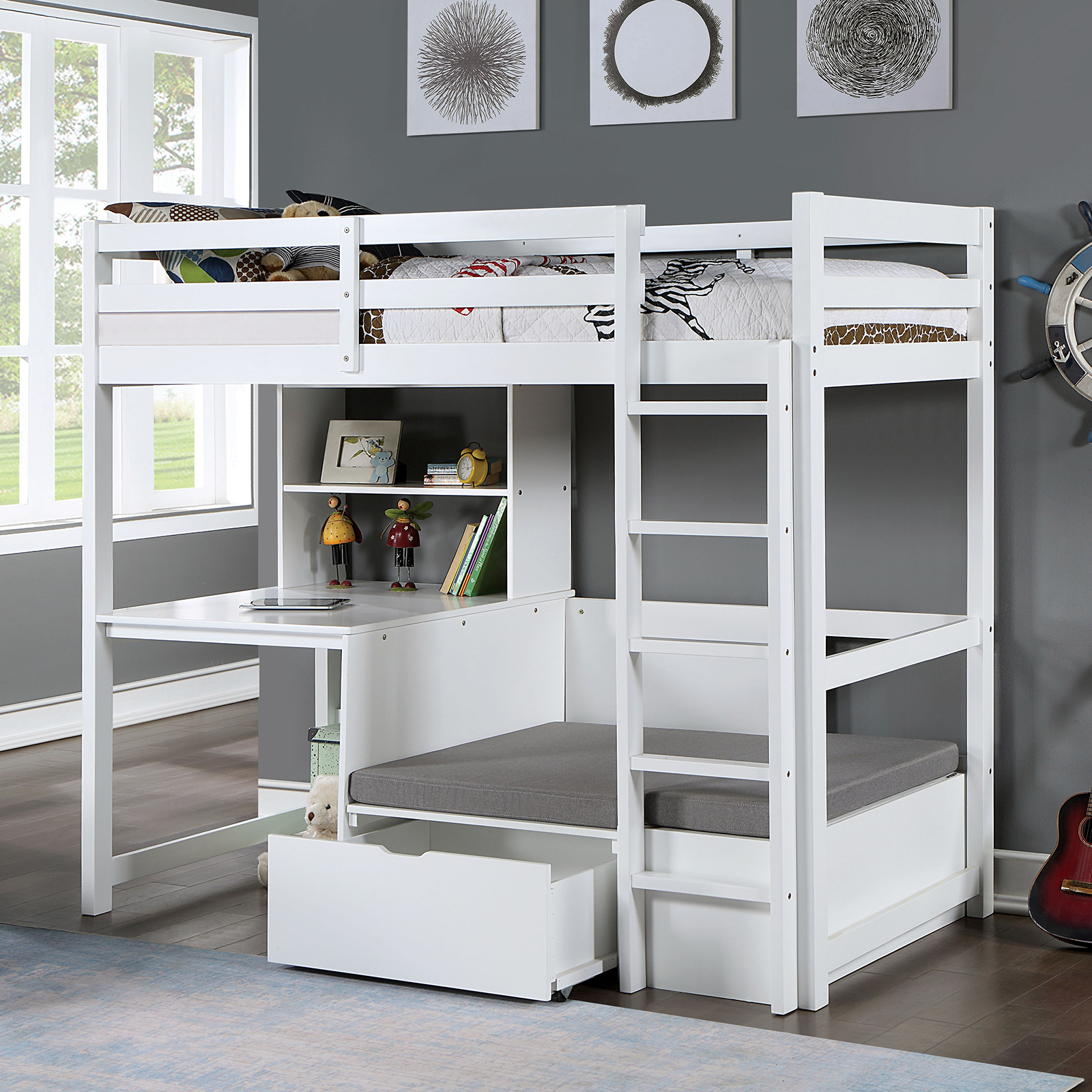 Twin Workstation Loft Bed - HB, FB, Drawer w/ 4Pcs Wheels