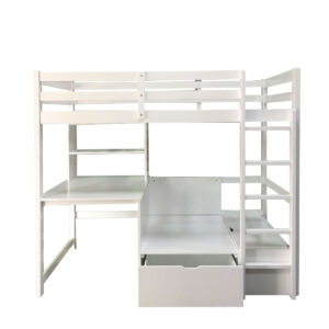 Twin Workstation Loft Bed - Desk Top,Side,Seat Panel,2Pcs Cushions, 13Pcs Slats