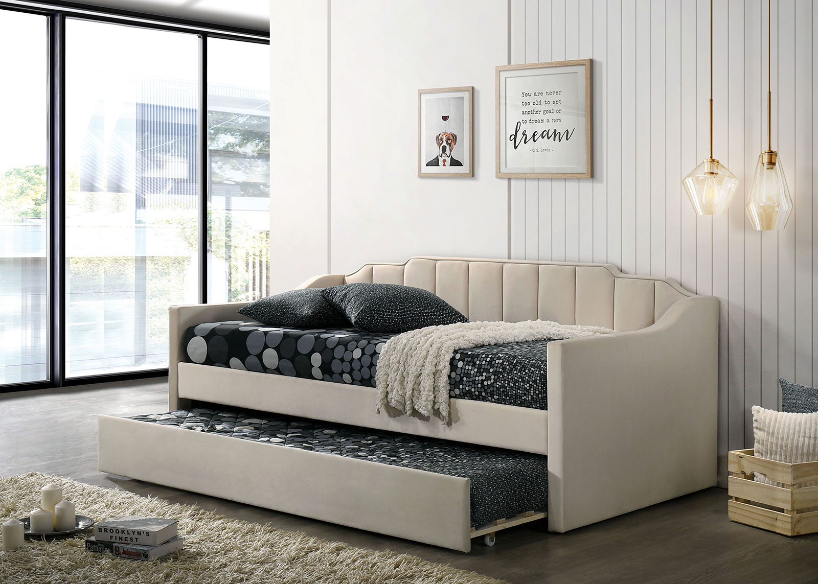 Upholstered Twin Daybed - Arms, 13Pcs Slats