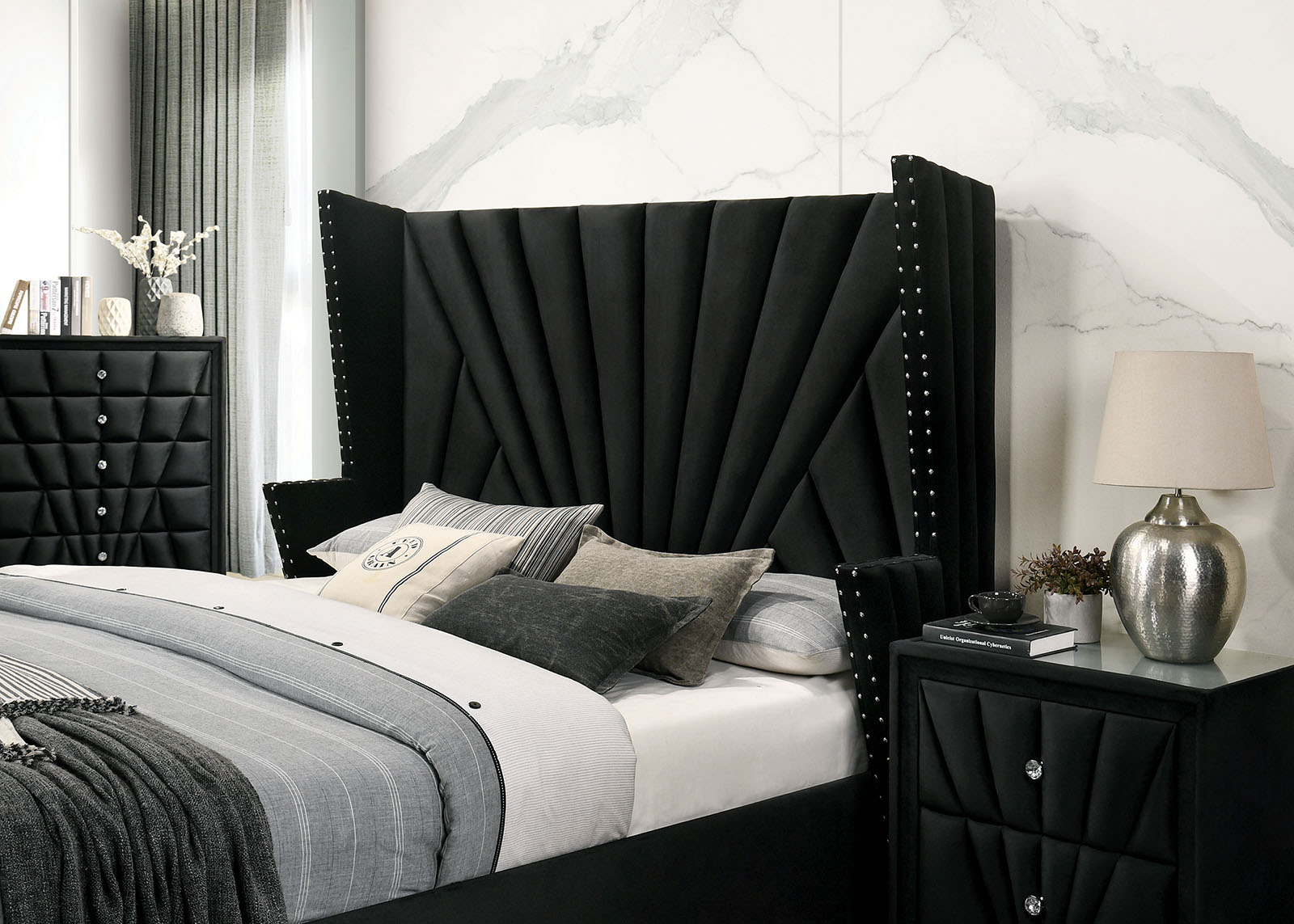 Upholstered Eastern king size bed HB wings