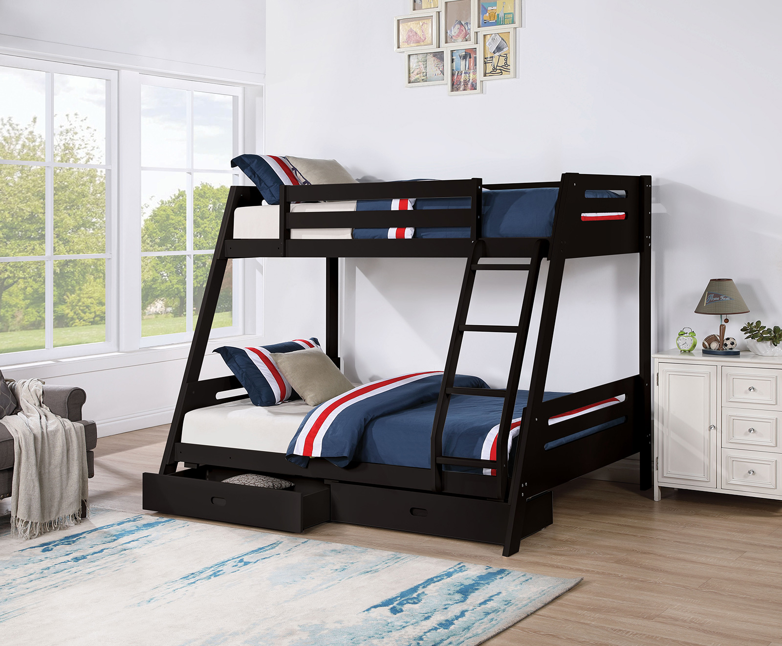 Twin/Full Bunk Bed - Slats 14 + 14 / 2 Drawers, Black