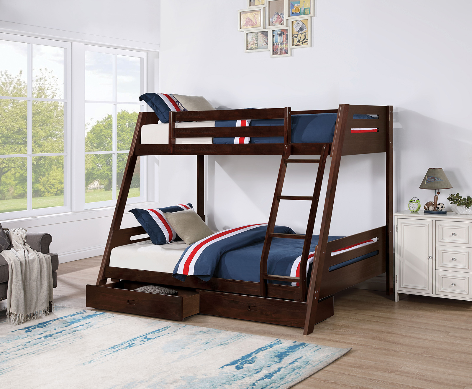Twin/Full Bunk Bed - Slats 14 + 14 / 2 Drawers, Espresso