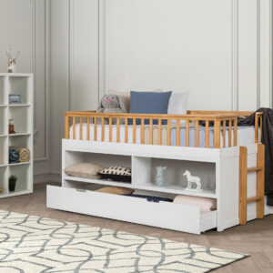 Twin Captain Bed w/ Trundle, White/Oak