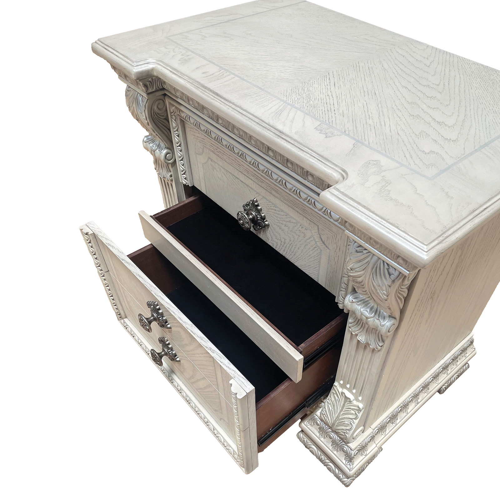 Nightstand w/ Hidden Drawer USB A-C, Wire Brushed White