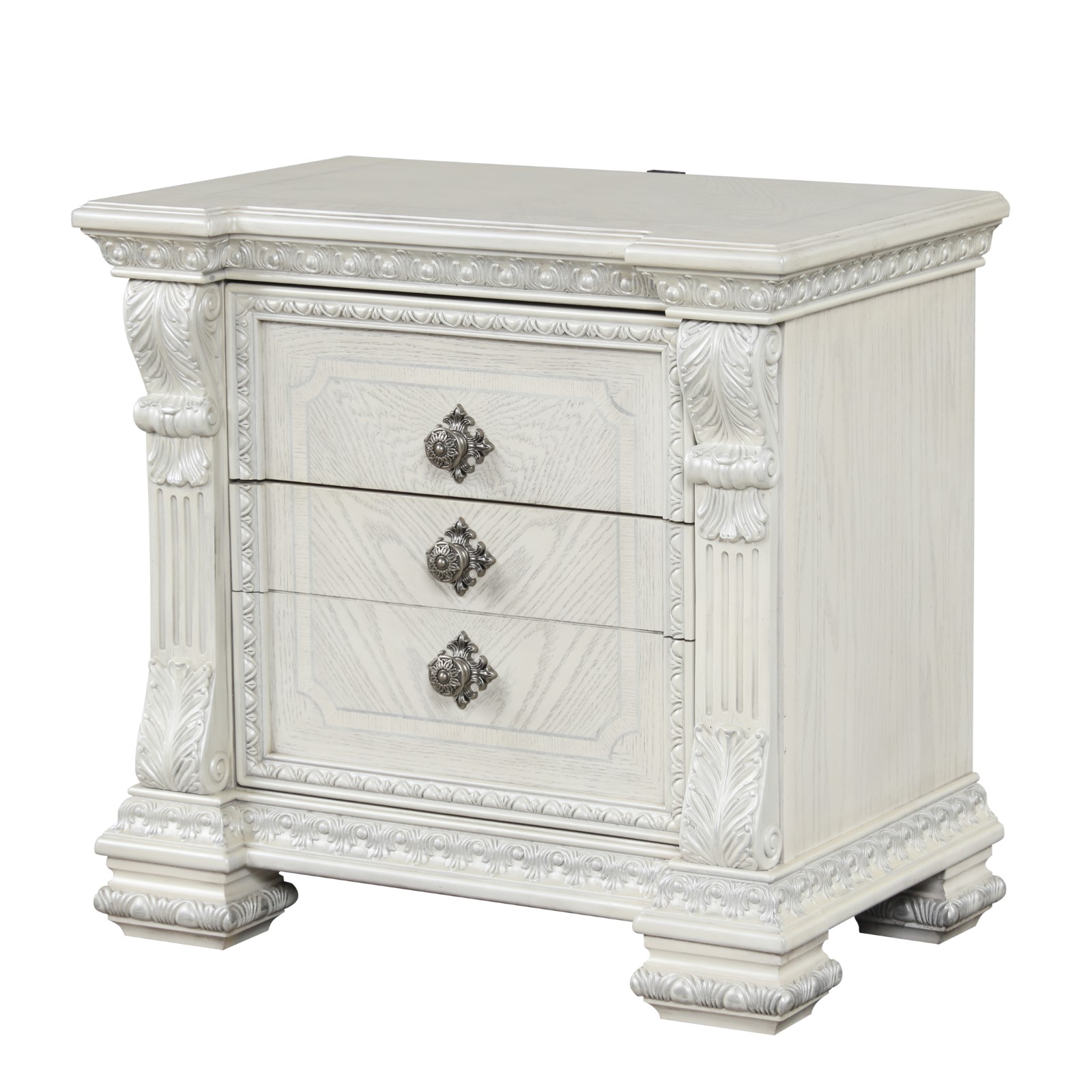 Nightstand w/ Hidden Drawer USB A-C, Wire Brushed White
