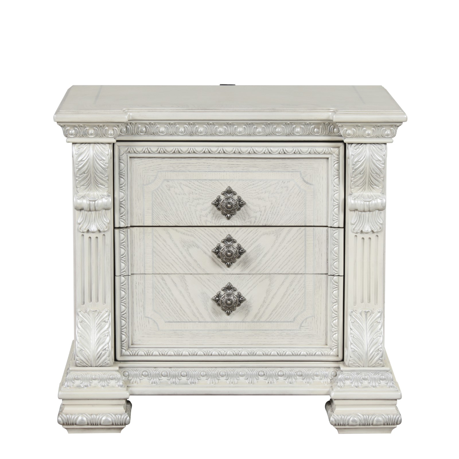 Nightstand w/ Hidden Drawer USB A-C, Wire Brushed White