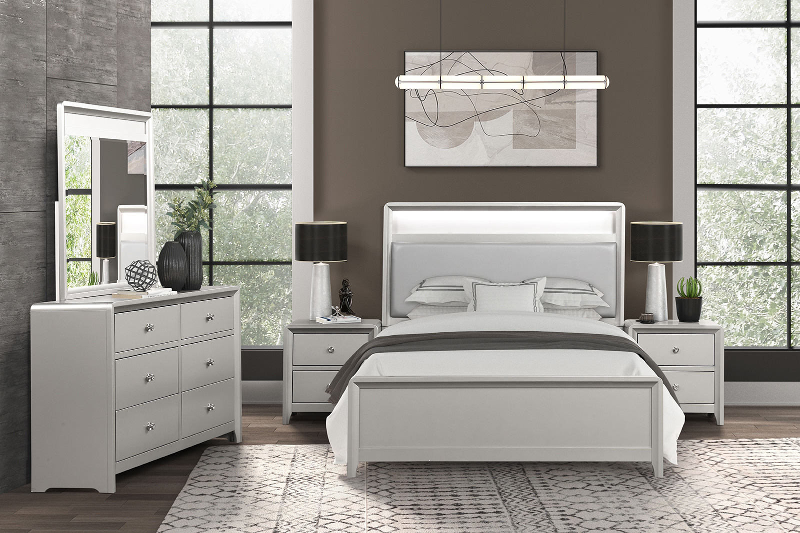 Queen Headboard + Footboard + Slats w/ Usb