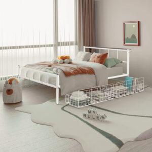 Queen Metal Bed w/ Storage, White