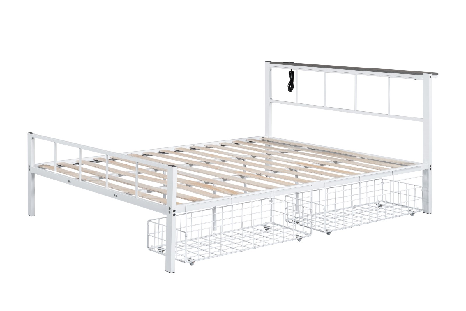 Queen Metal Bed w/ Storage,+Mattress White