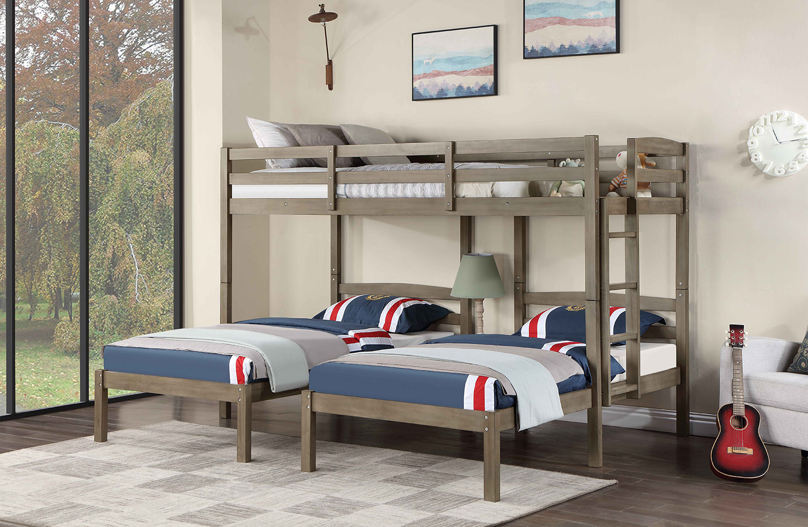 Triple Twin Bunk Bed - HB, FB, Warm Gray