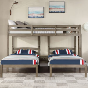 Triple Twin Bunk Bed-Rails, Ladder, Guardrail, Top Bed Center Support, Warm Gray