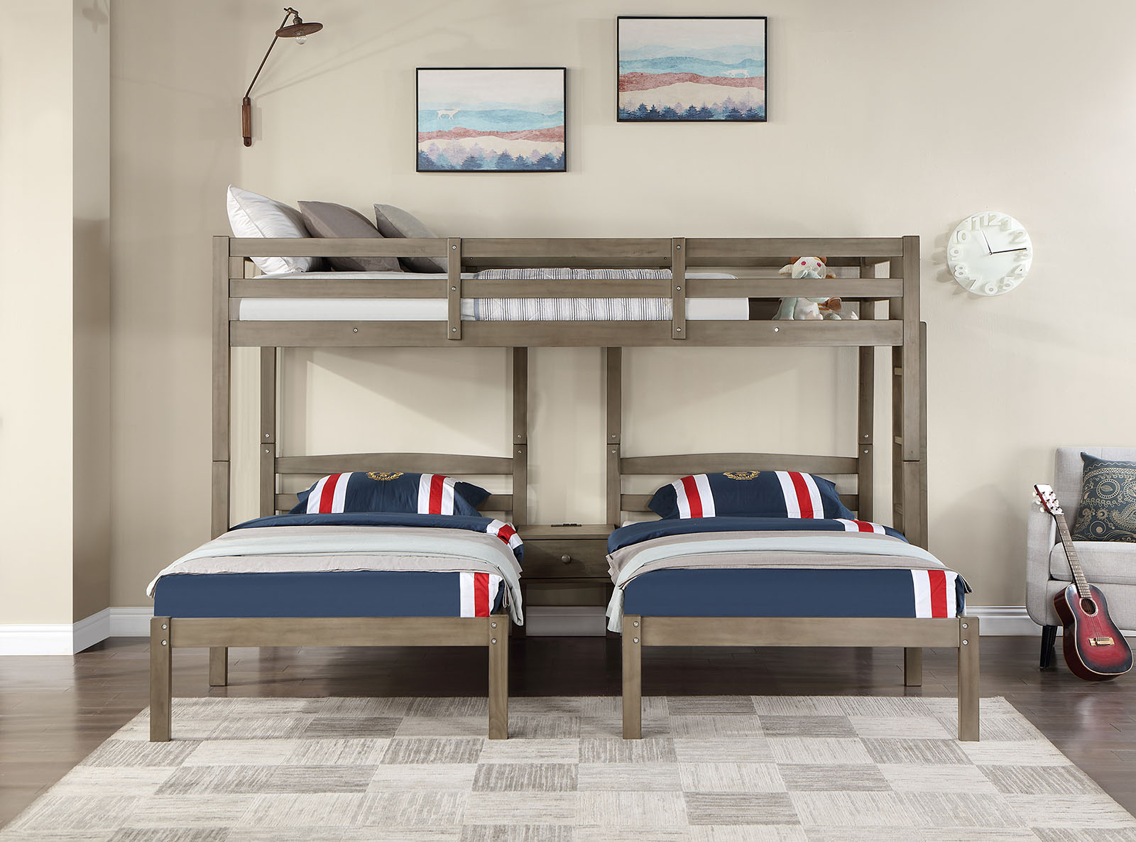 Triple Twin Bunk Bed-Rails, Ladder, Guardrail, Top Bed Center Support, Warm Gray