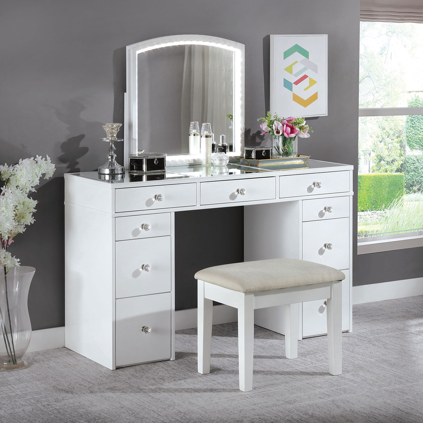 Vanity Set - Mirror w/ Led Light, Stool, Vanity Table Bottom Cabinet
