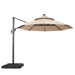 10' Round Umbrella, LED Light, Tan + Base